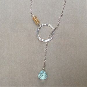 Sundance Silver Lariat Necklace with Citrine Beads and Aqua Pendant